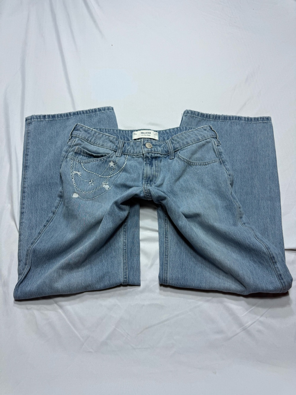 Hollister Light Blue Straight Leg Jeans with Front Embroidery
